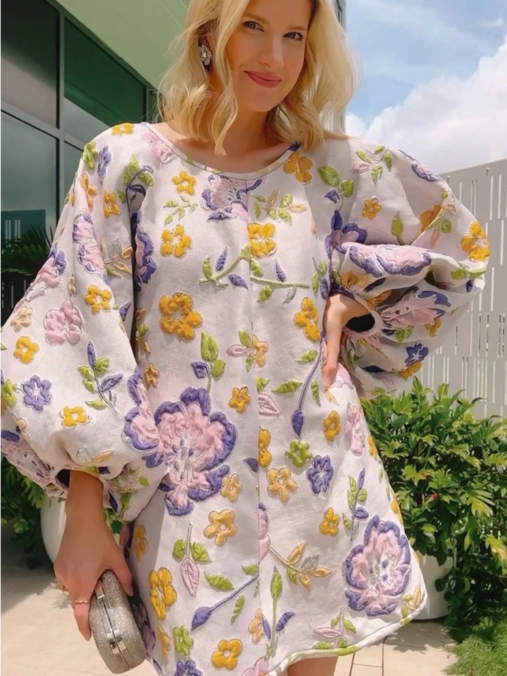 Arianne Floral Embroidered Mini Dress in Ivory with Yellow, Lavender & Green